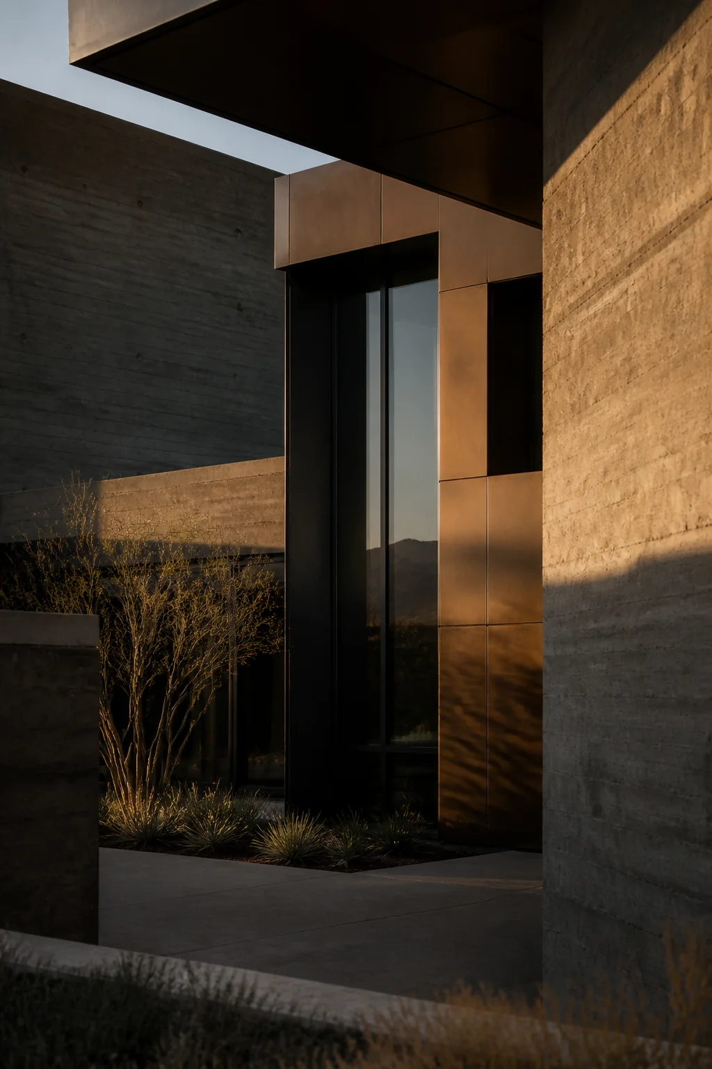Sunlit bronze and concrete architecture in the American Southwest