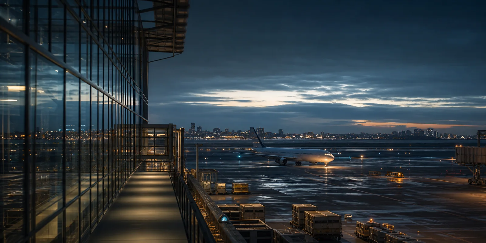 International airport operations at blue hour