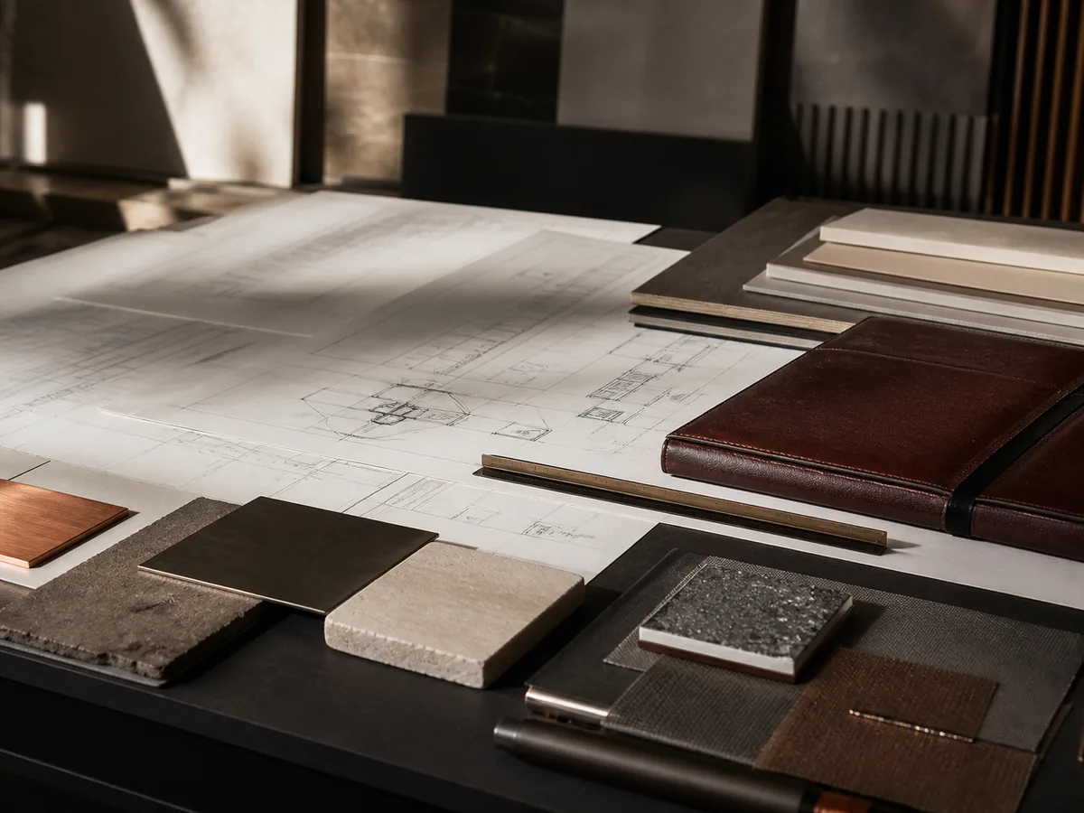 Commercial project plans and material samples arranged for review