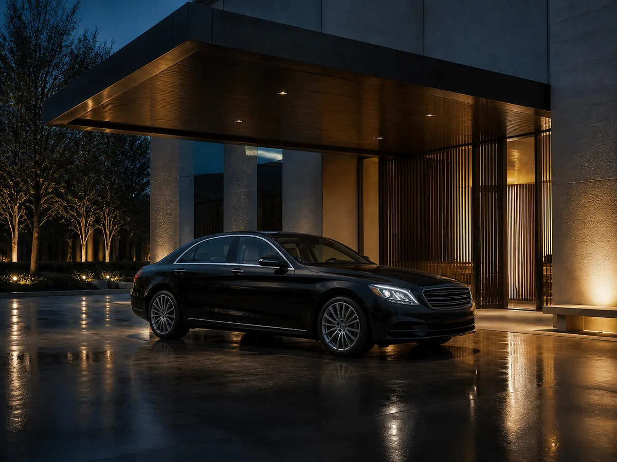 An unbranded executive sedan at a contemporary arrival entrance